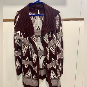 Long Maroon and white Aztec cardigan, thick, size L